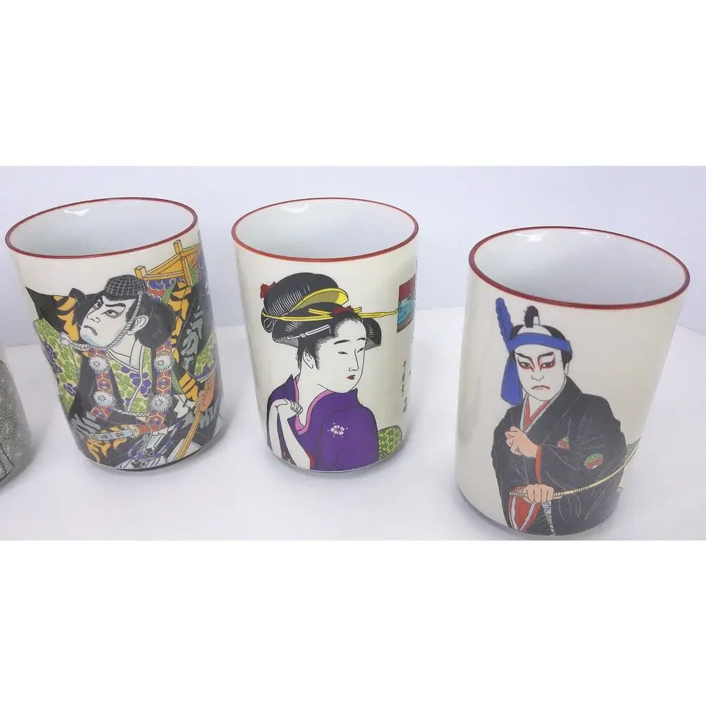 Vintage Japanese Kabuki & Geisha Yunomi Tea Cup Set of 6 Porcelain Tumblers